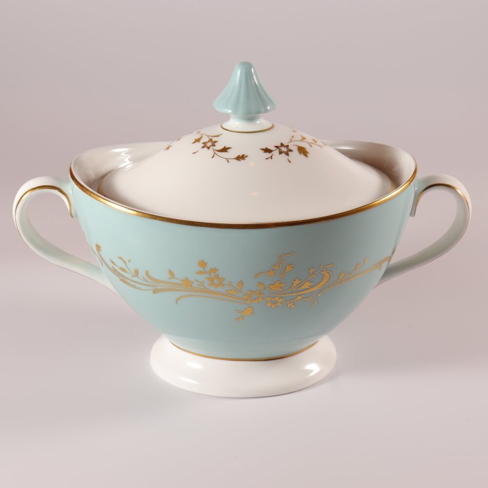 Royal Doulton Melrose Sugar Bowl With Lid Gold Flowers & Scrolls Turquoise H4955